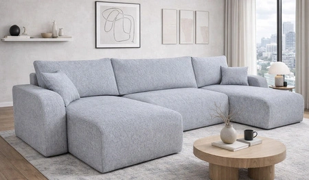 Ecksofa mit Schlaffunktion Fiesta U XL grau Esche elegantes Ecksofa für Wohnzimmer mit Bettzeugablage Webstoff