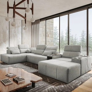 Ecksofa mit Schlaffunktion Tesalia V Esche grau rechts mit Schublade und Schiebefunktion der Rückenlehne