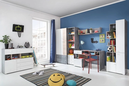 Möbelset Epsilon Beton / Weiß / Eiche ideal für ein Jugend- oder Kinderzimmer im trendigen Stil