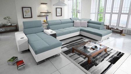 Ecksofa mit Schlaffunktion Dafni V arktikblau/weiß links geflochten bequemes und praktisches Ecksofa mit verstellbaren Kopfstützen