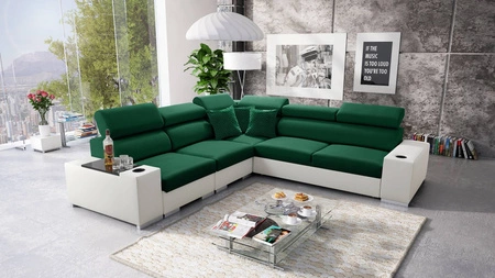 Ecksofa mit Schlaffunktion Provo III flaschengrün/weiß links Ecksofa mit Bettzeugablage und verstellbaren Kopfstützen