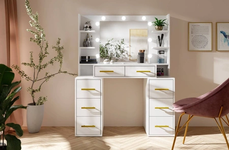 Schminktisch Adel 110 cm weiß mit LED-Beleuchtung Schminktisch mit Spiegel im Glamour-Stil geräumige Schubladen Metallgriffe