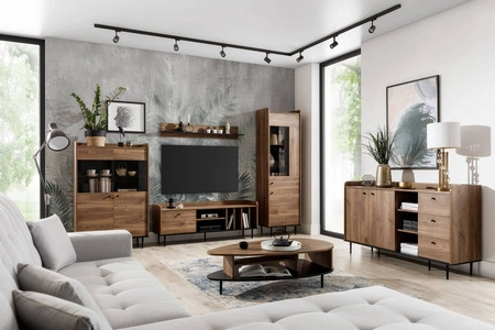 Möbelset Apallo brandy Eiche castello modernes Design Möbelset auf Metallbeinen Wohnwand für Wohnzimmer hohe Ränder der Tischplatten