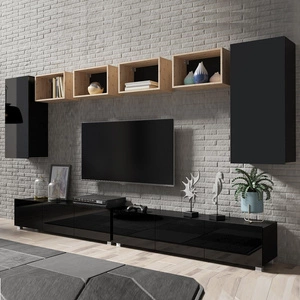 Apulia XXXV schwarz glänzend / Eiche artisan Eine außergewöhnlich stilvolle Schrankwand mit schlichten Möbelstücken, die sich in jede Einrichtung einfügt