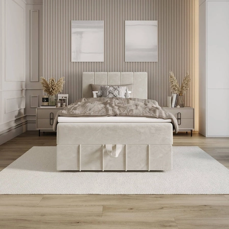 Boxspringbett Casey 90x200 beige im modernen skandinavischen Stil mit gepolstertem Kopfteil Bett mit Staukasten