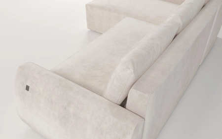 Ecksofa mit Schlaffunktion Colio blau linke Seite stilvolles Ecksofa mit interessanter Form Veloursstoff Zierkissen Ball