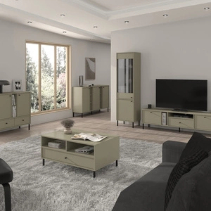 Wohnzimmermöbel-Set Kioto II Eukalyptus stilvolles Design elegante Möbel in gedeckten Farben mit schwarzen hohen Beinen bereichert