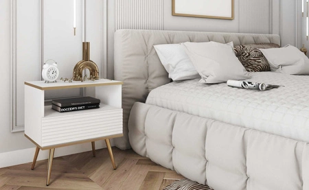 Nachttisch mit Schublade Luxury weiße eleganter Design-Schrank mit Goldverzierung Schrank mit geriffelter Front Gold hohe Beine