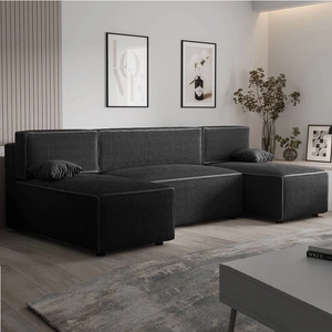 Ecksofa mit Schlaffunktion Brandon U schwarzer Bettzeugcontainer dreidimensionaler Stoff mit ausdrucksstarken Streifen