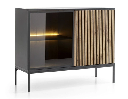 Amma 104 cm Kommode schwarz / Eiche wotan unkonventionelles Design geriffelte und verglaste Fronten mit push to open System