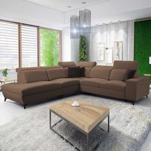 Ecksofa mit Schlaffunktion Kelly Sleek IX hellbraun linke Seite stilvolles Ecksofa mit bequemen Armlehnen und verstellbaren Kopfstützen