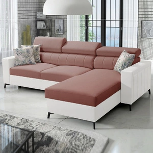 Ecksofa mit Schlaffunktion Savona Indian rosa / weiß rechts elegantes Ecksofa mit verstellbaren Kopfstützen Ziernähte