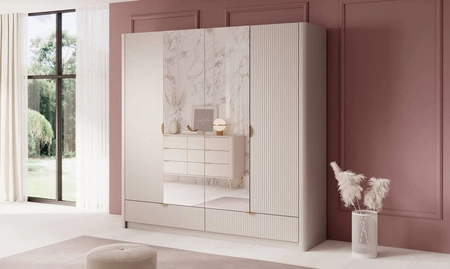 Spiegelschrank Lante 213 cm beige stilvoller Kleiderschrank mit Schubladen in modernem Design geriffelte Fronten originelle geschwungene Form