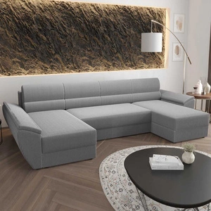 Ecksofa mit Schlaffunktion Fogu U III Grau Esche Stilvolles Ecksofa mit Armlehnen und Bettzeugablage Kordelstoff