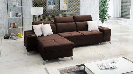 Ecksofa mit Schlaffunktion Elgin braun linkes Ecksofa mit verstellbaren Kopfstützen praktische Schubladen in den Seiten des Möbels