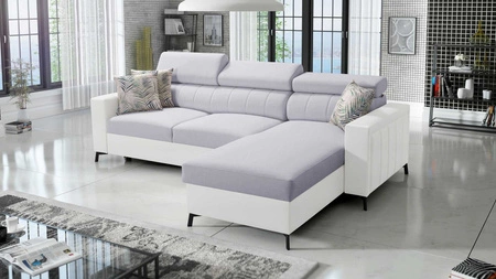 Ecksofa mit Schlaffunktion Savona grau Esche / weiß rechts elegantes Ecksofa mit verstellbaren Kopfstützen Ziernähte 