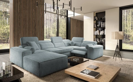 Ecksofa mit Schlaffunktion Viano IV Lux grau-blau Design-Ecksofa links mit ausziehbarem Fußteil großes Bettzeugfach