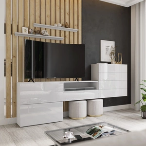 Möbelwand Agria weiß / weiß glänzend ungewöhnliches Design praktische Lösung ideal für jedes Wohnzimmer optisch vergrößert den Innenraum