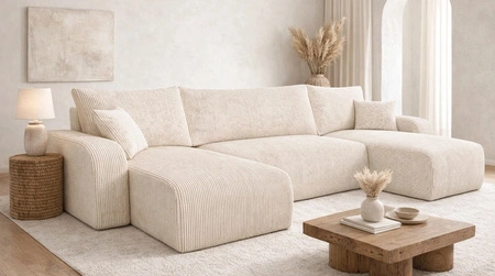 Ecksofa mit Schlaffunktion Fiesta U elfenbein Ecksofa mit interessanter Form strapazierfähiger Kordstoff Bettzeugbehälter