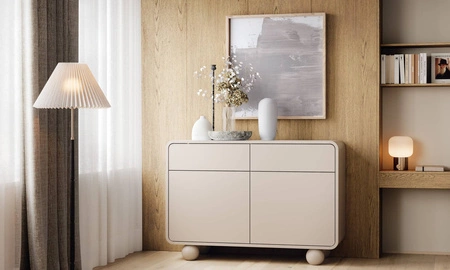 Kommode mit Schubladen Bion 108 cm beige Designer-Kommode mit abgerundeten Formen originelle kugelförmige Beine sind ein Blickfang