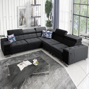 Ecksofa mit Schlaffunktion Hampton III schwarzes rechtsseitiges Komfort-Ecksofa aus glattem und weichem Samtstoff