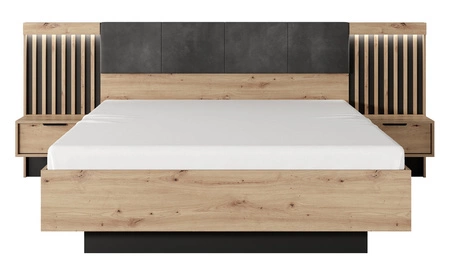 Tipler Bett 160x200 cm mit Bettzeug und Nachttischen Eiche artisan / anthrazit gepolstertes Kopfteil LED-Beleuchtung