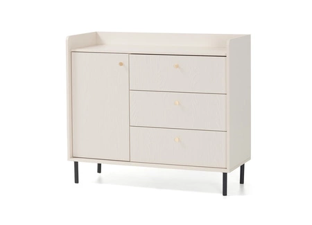 Kommode Ferdi 104 cm sandbeige Ästhetische Kommode für das Wohnzimmer auf schlanken Metallbeinen hohe Kanten der Platte gesetzt