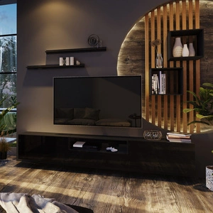 Metoni schwarz / schwarz glänzend universelle und stilvolle Schrankwand für das Wohnzimmer minimalistisches Design in einer modernen Umgebung