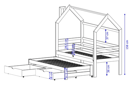 Kinderbett Chip 80x160 cm Grau Ausziehbares Doppelbett für das Kinderzimmer Holzbett in Form eines Hauses mit geräumigen Schubladen
