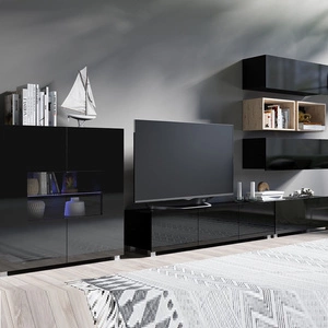 Möbelwand Apulia XXVIII schwarz glänzend / Eiche handwerklich extrem stilvolle Möbelwand einfache Elemente, die in jedes Interieur passen