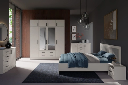 Caspe Schlafzimmermöbel-Set beige geometrische einfache Einheiten mit zeitlosem Design schwarze Griffe Möbel-Set mit Kleiderschrank