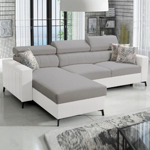 Ecksofa mit Schlaffunktion Savona grau Esche / weiß links elegantes Ecksofa mit verstellbaren Kopfstützen Ziernähte
