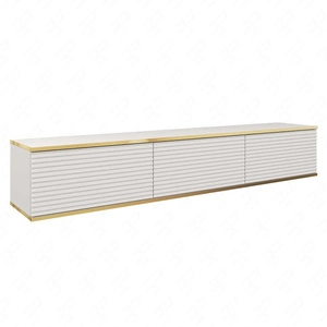 TV-Lowboard Luxury 175 cm Weiß Stilvolle geriffelte Front Korpus verziert mit einer goldenen Leiste begeistert Liebhaber eleganter Arrangements