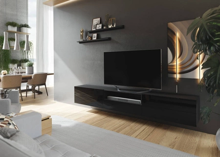 RTV-Hängeschrank Lutra 258 cm schwarz / schwarz glänzend mit Einlegeböden stilvoller Design-TV-Schrank mit Hochglanzfronten