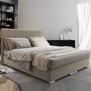 Boxspringbett Sarona 140x200 beige Bett im modernen skandinavischen Stil mit markantem Kopfteil