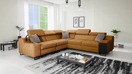 Ecksofa mit Schlaffunktion Alcamo III Honig links funktionelles Ecksofa mit einer Schublade in der Seite zwei Behälter für Bettzeug