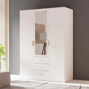 Kleiderschrank Adel 150 cm weiß elegantes Design klassische Form der Garderobe mit Spiegel für Schlafzimmer oder Kleiderschrank geräumige Schubladen goldene Griffe