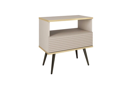 Nachttisch mit Schublade Luxury beige eleganter Designschrank mit Goldverzierung Schrank mit geriffelter Front schwarze hohe Beine