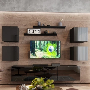 Aklion schwarz/schwarz glänzende Schrankwand äußerst stilvolle Schrankwand für das Wohnzimmer optisch attraktiv und funktionell