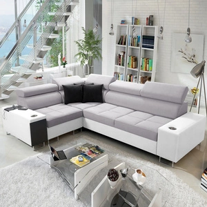 Ecksofa mit Schlaffunktion Dafni II Esche grau / weiß links geflochtenes Ecksofa mit Bettzeugschublade in der Seite