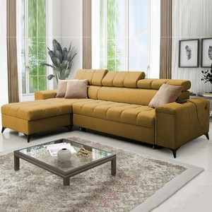 Ecksofa mit Schlaffunktion Bolmso Senf linkes Ecksofa mit zwei Bettzeugkästen praktische Schublade in der Seite des Möbels