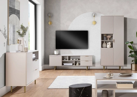 Wohnzimmer Möbel-Set Sula beige mit Metall Griffe dekorative geriffelte Fronten Push-to-Open-System bereichert