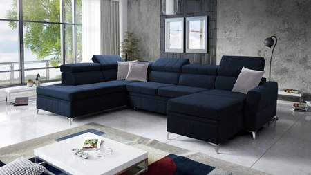 Ecksofa mit Schlaffunktion Rava VI marineblau rechts Praktisches und modernes Ecksofa, ausgestattet mit einer Multifunktionslampe