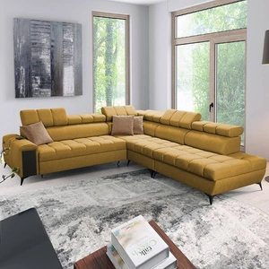 Ecksofa mit Schlaffunktion Bolmso IX Senf rechts komfortable stilvolle Ecksofa für Wohnzimmer mit Schublade Bettzeug Container