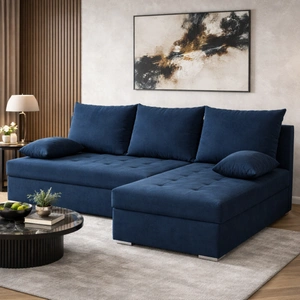 Ecksofa mit Schlaffunktion Fasti dunkelblau Universal-Ecksofa mit Bettkasten eine Garantie für höchsten Komfort
