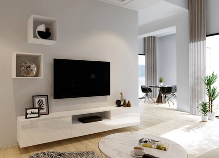 Mistra weiß / weiß glänzend universelle und stilvolle Schrankwand für das Wohnzimmer minimalistisches Design in einer modernen Umgebung