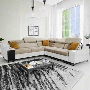 Ecksofa mit Schlaffunktion Alcamo III beige / weiß rechts Funktions-Ecksofa mit Schublade in der Seite zwei Behälter für Bettzeug
