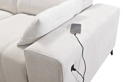 Ecksofa mit Schlaffunktion Penejos IX beige linke Seite stilvolles Ecksofa mit Bettzeugcontainern komfortable verstellbare Kopfstützen