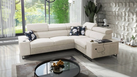 Ecksofa mit Schlaffunktion Flavio II hellbeige/beige rechts bequemes Ecksofabett offene Bar in der Seite des Möbels