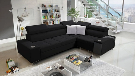 Ecksofa mit Schlaffunktion Dafni II schwarz rechts geflochtenes Ecksofa mit Bettzeugablage Vollauszug in der Seitenwand